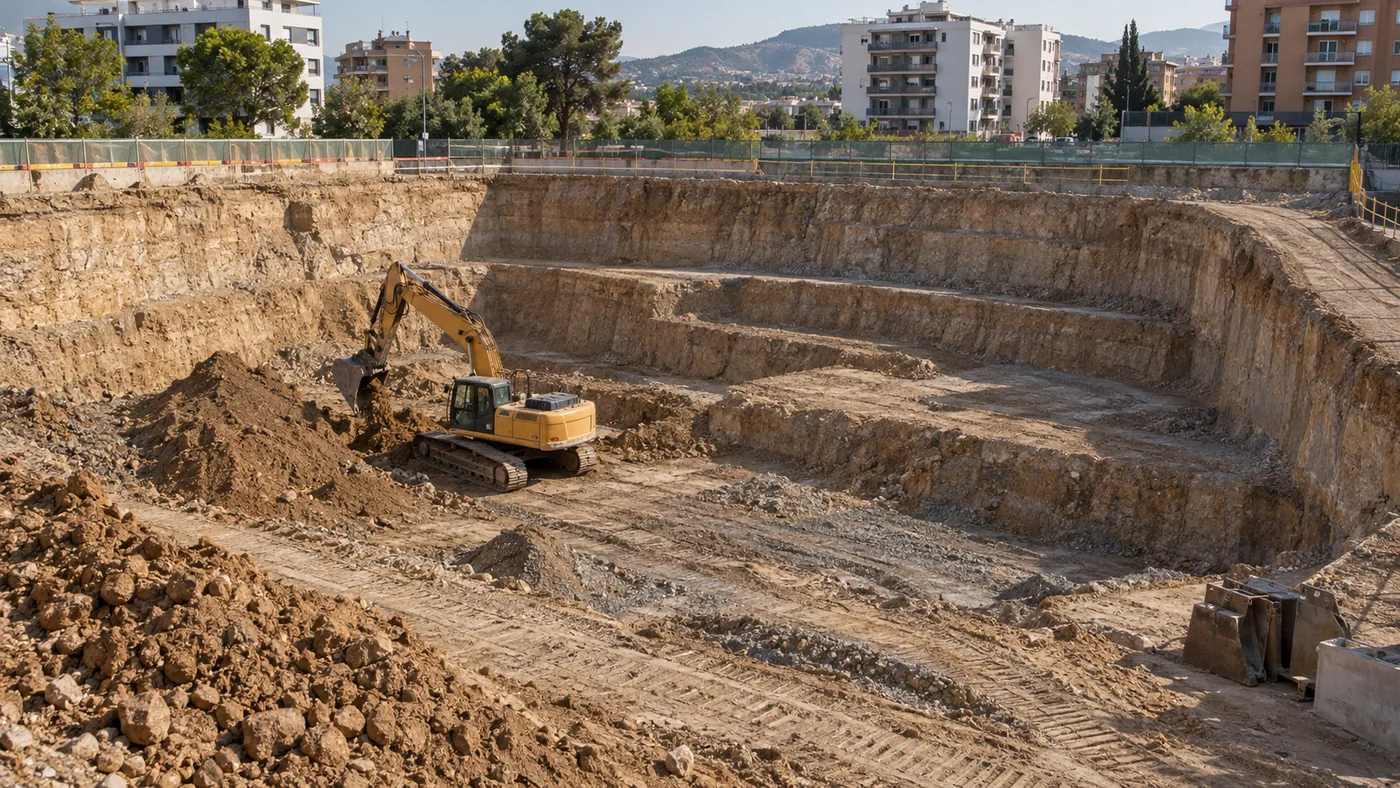 Ilustración conceptual de una excavadora realizando el vaciado del terreno para un bloque de viviendas